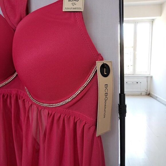 BCBGeneration Large Hot Pink Pushup Babydoll Nighty & Thong Set NWT - Picture 6 of 10